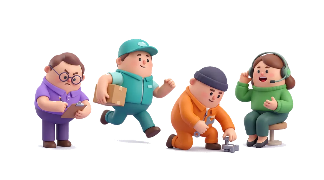 Clay style characters: a manager with clipboard, delivery driver with package, mechanic with wrench, and support assistant with headset