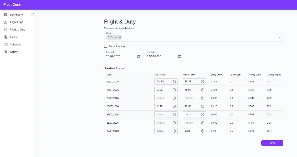 Fleet Centr flight and duty view showing daily start and finish times with daily duty, daily flight, 14 day duty and 28 day flight totals for a pilot