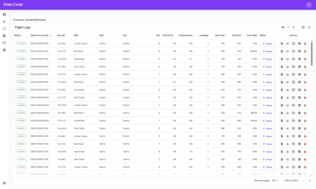Fleet Centr flight log list showing airtime, engine hours, landings, fuel figures and completion status for each flight