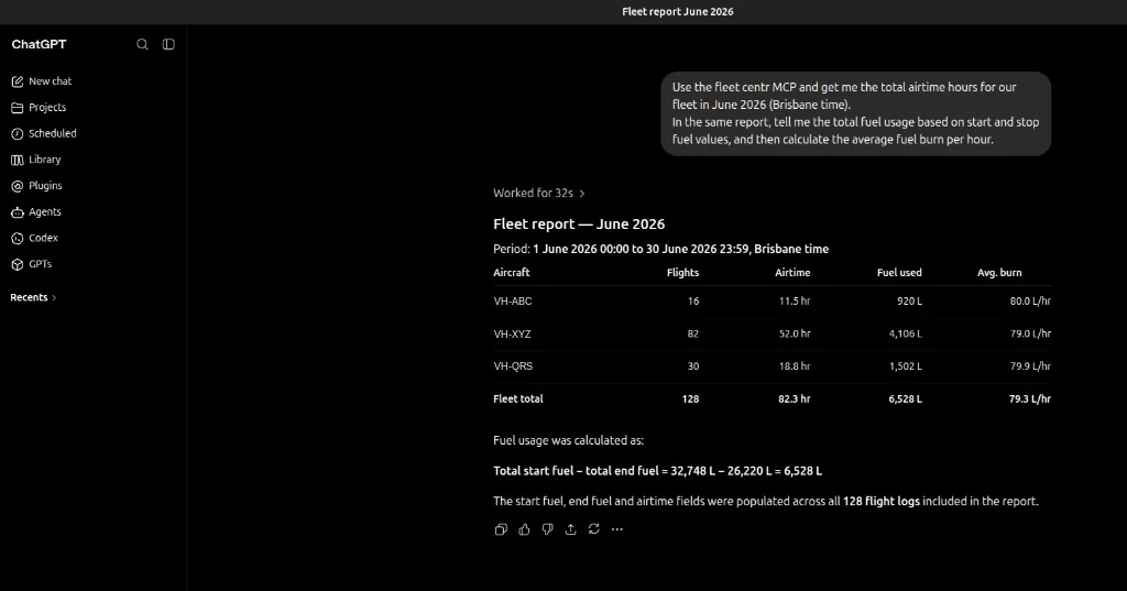 ChatGPT connected to the Fleet Centr MCP server producing a monthly fleet report with airtime, fuel used and average burn per aircraft