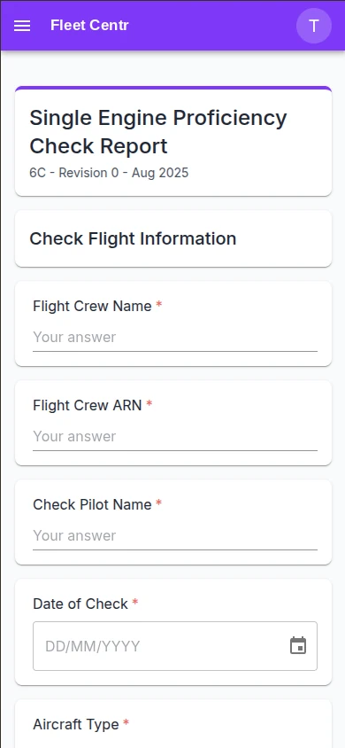 A Fleet Centr custom form on a phone showing a single engine proficiency check report with crew name, ARN, check pilot and date fields