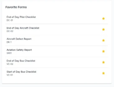 Fleet Centr forms list showing start of day and end of day bus checklists and defect reports