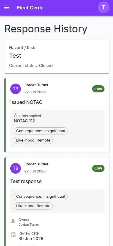 Fleet Centr safety management response history on a phone showing a hazard report with risk ratings and controls